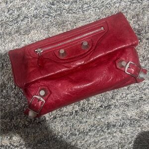 Balenciaga Red Leather Clutch with Silver Accents